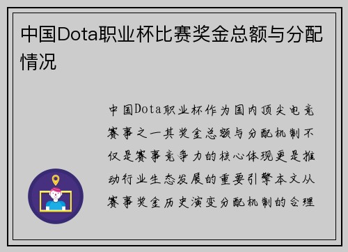 中国Dota职业杯比赛奖金总额与分配情况